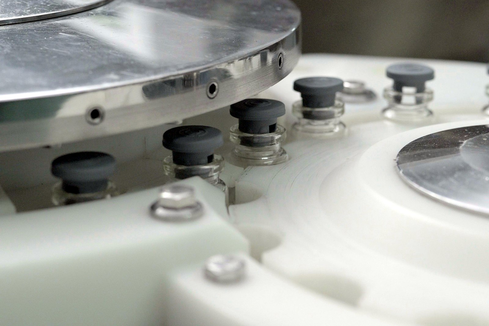 Close-up of finished vial trays on the production line