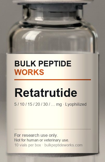 Vial of Retatrutide, labelled with the available strengths